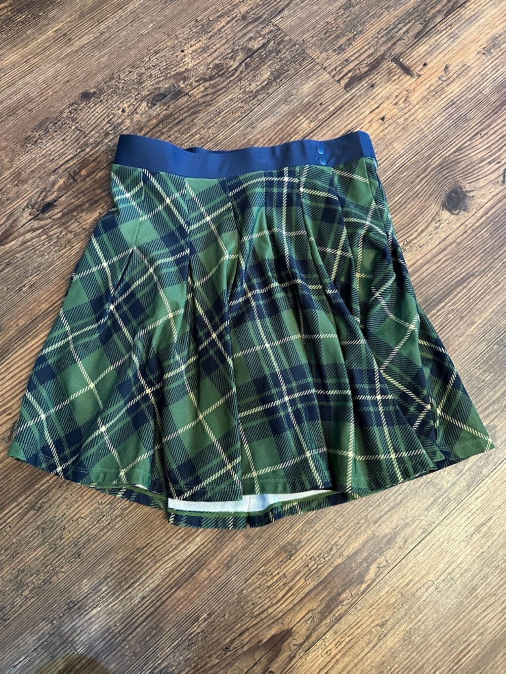 WeWoreWhat Green Plaid Skater Skirt with Navy Waistband